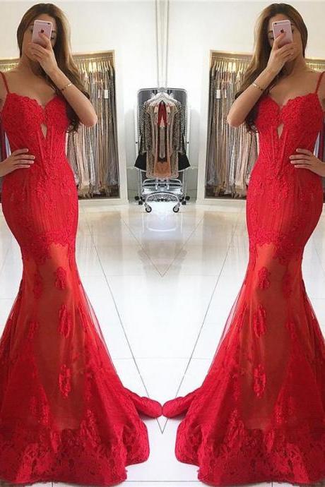 Formal spaghetti straps mermaid red long evening dress