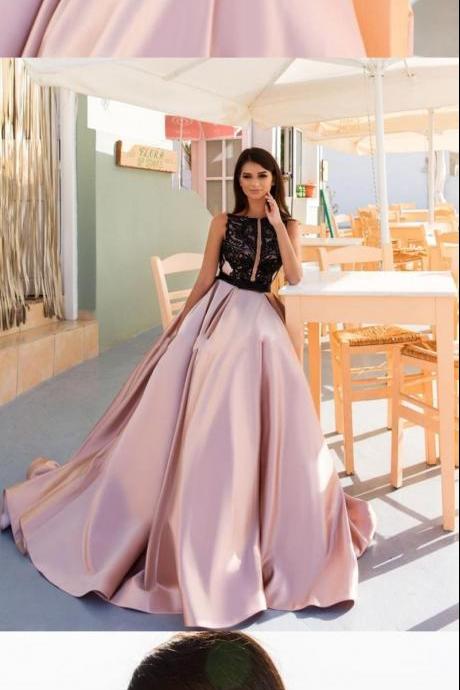 A-line Formal Evening Gowns Pink Satin Prom Dresses Black Lace Beaded Satin Evening Dresses Crystal Design Bateau Neckline Wedding Formal Dress
