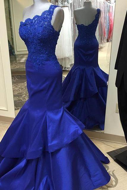 Blue Mermaid One Shoulder Lace Beading Charming Evening Dress