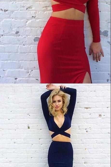 Sexy Two Piece Long Sleeves Red Mermaid Long Prom Dress with Slit
