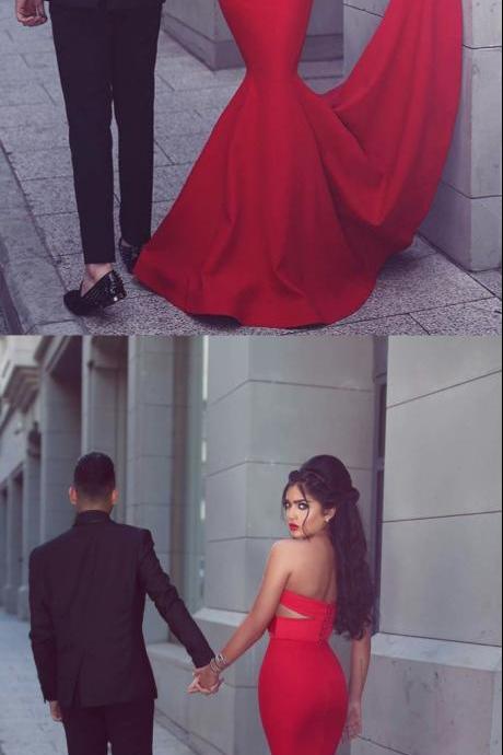 Gorgeous Strapless Mermaid Red Long Prom Dress Evening Dress