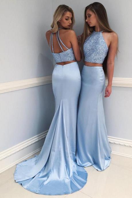 Shiny Two Piece Beads Blue Mermaid Long Prom Dress Evening Dress