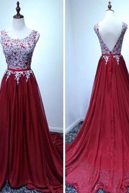 Burgundy A-line Chiffon Lace Long Prom Dress Evening Dress