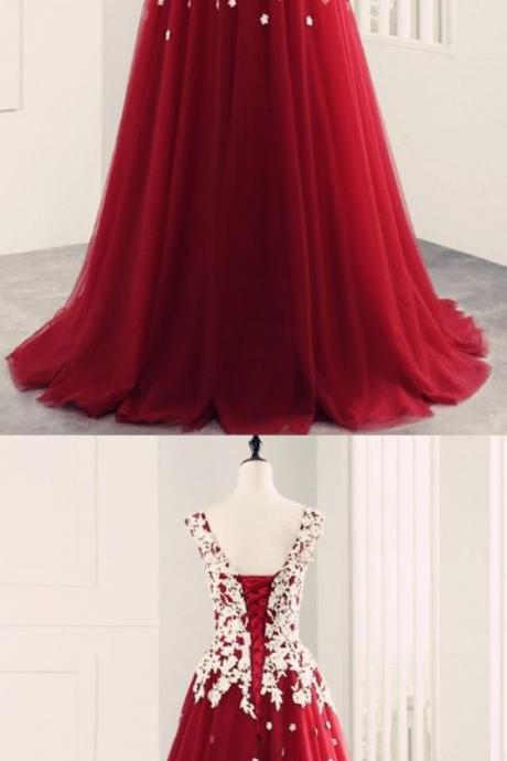 Dark Red Lace Applique Ball Gown Sweetheart Long Prom Dresses 2018 Red Formal Gowns Party Dresses