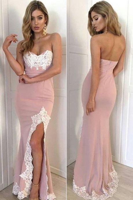 Pink Sheath Floor Length Sweetheart Sleeveless Mid Back Side Slit Prom Dress Formal Dress