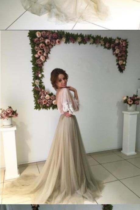 2018 NEW LONG PUFF SLEEVES PROM DRESSES APPLIQUES SEE THROUGH EVENING PROM DRESS