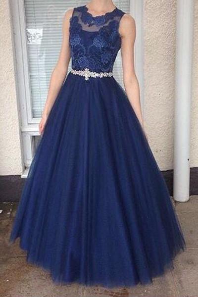  HIGH NECK DARK BLUE LACE LONG EVENING DRESS PROM DRESSES PARTY GOWNS WITH BEADED BELT