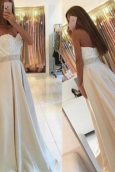 A LINE EMPIRE WAIST LACE LONG EVENING PROM DRESSES WITH POCKET