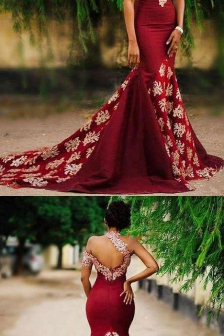 Arrival Ivory Lace Burgundy One Shoulder Mermaid Long Evening Prom Dresses Party Gowns