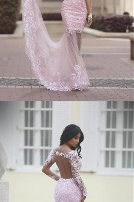 Pink Trumpet Court Train Long Sleeve Sheer Back Appliques Beading Prom Dress Party Dress