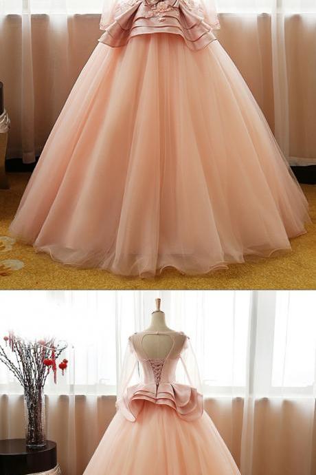 3d Floral Flower Long Sleeves Puffy Tulle Long Prom Dress Party Gown