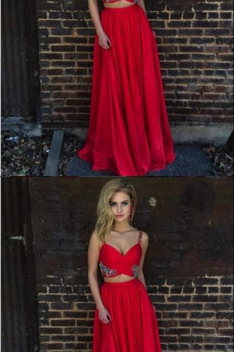Simple Red Two Pieces Long Prom Dress, Red Evening Dress