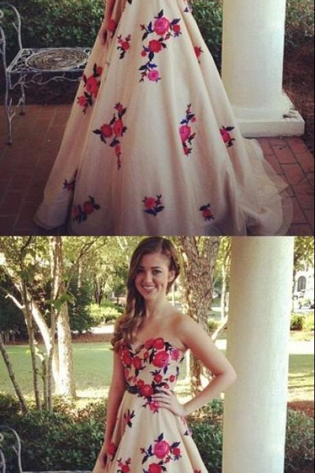 Charming A-line Strapless Applique Long Prom Dress, Strapless Evening Dress