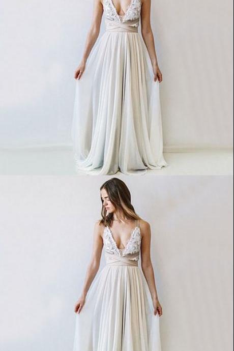  Unique A-line white tulle long prom dress,lace evening dress