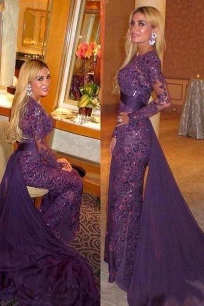  Jewel Neck Evening Dress, Sheer Long Sleeves Evening Dress,Purple Evening Dress,Gorgeous Evening Dress,Lace Evening Dress,Detachable Train Evening Dress,Mermaid Evening Dress