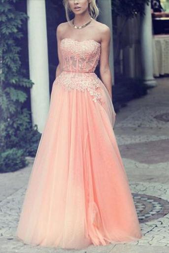 Coral Strapless Appliques Floor-Length Prom Dresses Sweetheart Prom Dresses Chiffon And Tulle Prom Dresses Evening Dresses 
