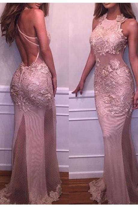 Charming Round Neck Backless Sweep Train Blush Mermaid Prom Dress With Appliques