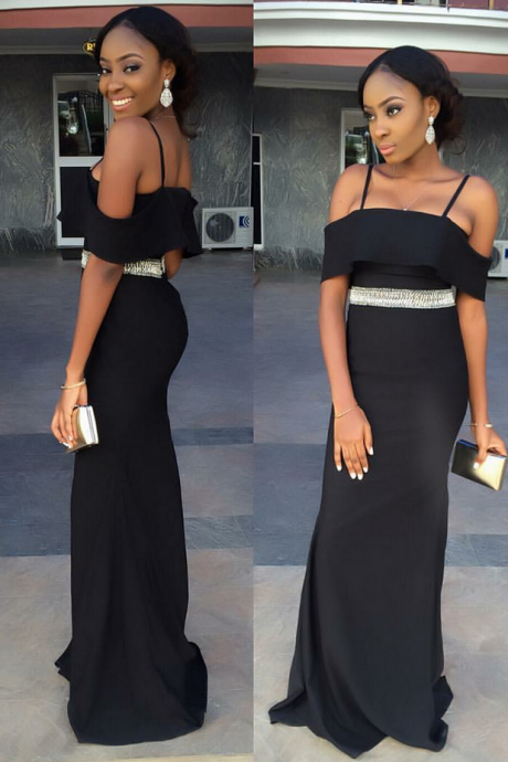  Long Cold-Shoulder Bridesmaid Dress with Beaded Waist for African Women