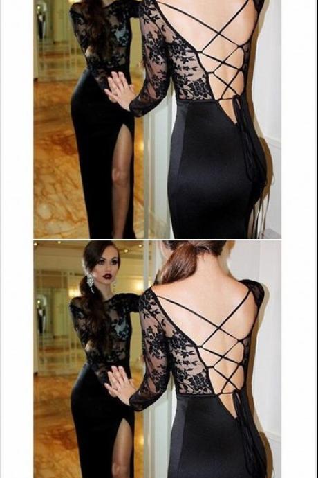 Sexy Black Lace Split Prom Dress,Long Sleeves slim Party dress 