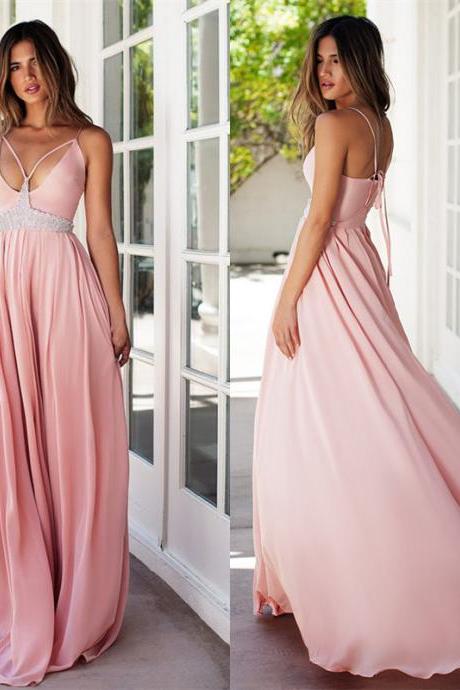 Pink prom dress,A-line sweetheart long prom dress,strap backless prom gown, chiffon beaded evening gowns