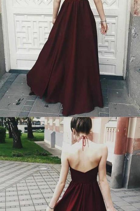 Charming Halter Maroon Chiffon Floor Length Prom Gowns, Beautiful Prom Dresses, Long Party Dresses