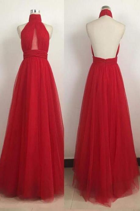 Red Tulle High Halter Neck Floor Length Prom Dress Featuring Open Back