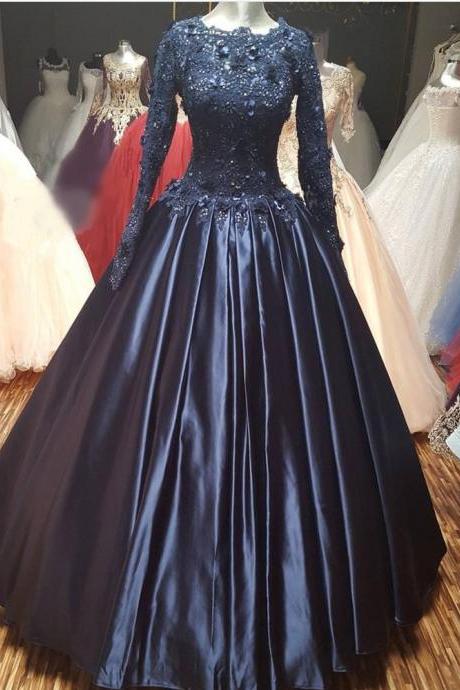  Navy Blue Lace Long Sleeves Wedding Dresses Ball Gowns