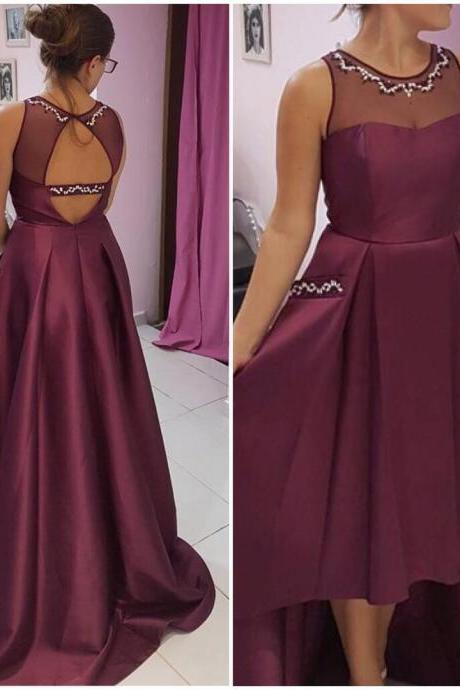 Backless High Low Satin Long Prom Dresses with Pockets Beaded Illusion Neck