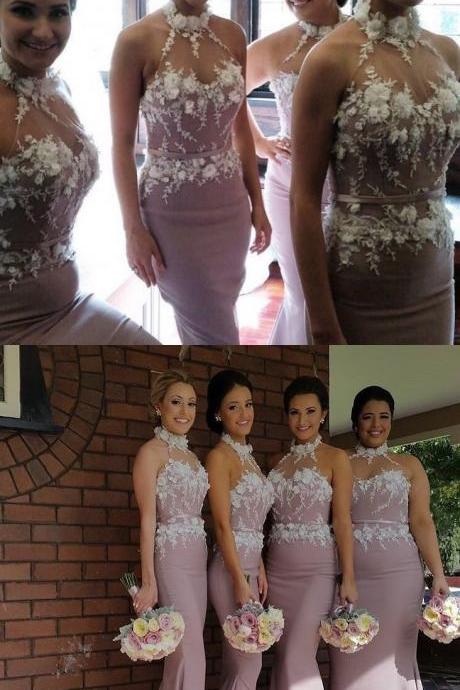 Beautiful High Neck Mermaid Bridesmaid Dresses Long with 3D Flowers