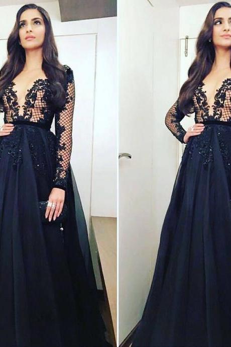 Sexy Deep V Neck Dark Navy Evening Formal Gowns with Lace Appliques Long Sleeves