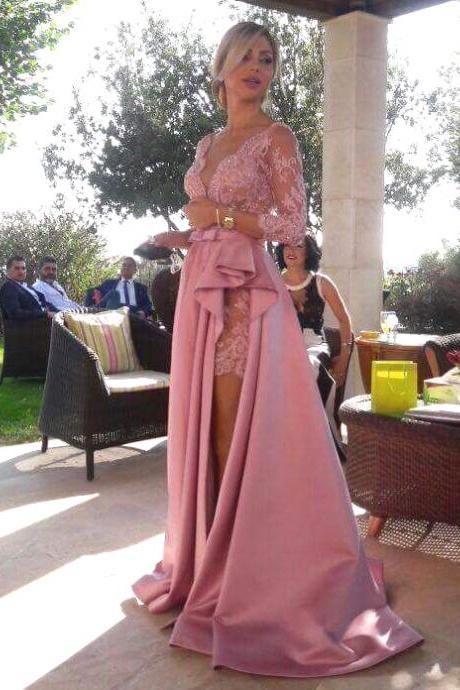  Deep V Neck Long Lace Sleeves Satin Prom Dresses with Ruched Slit