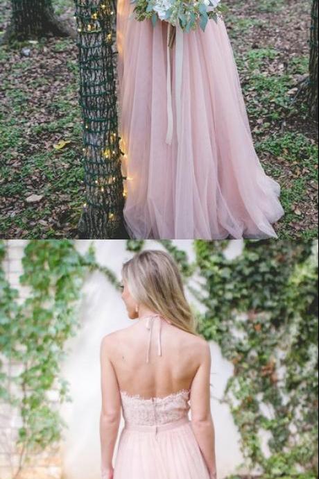  Light Pink Lace Halter Top A-line Tulle Prom Bridesmaid Dresses, Popular Cheap Bridesmaid Dresses