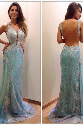  Gorgeous Blue Lace Prom Dresses, Sexy Backless Prom Dresses, Mermaid Prom Dresses, Newest Prom Dresses