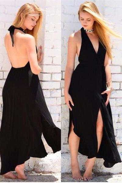 Sexy Black Backless Prom Dresses Deep V Neck Cheap Formal Women Evening Party Dress
