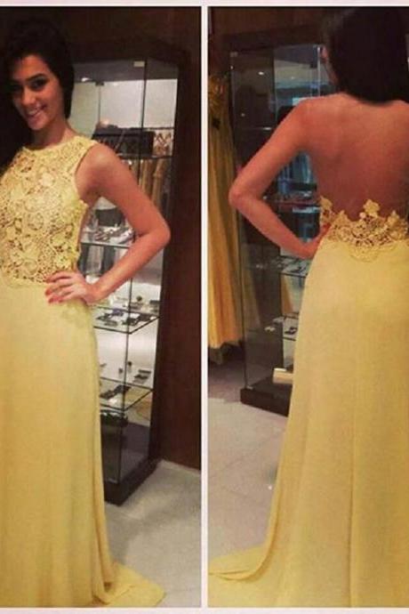Yellow Lace Prom Dresses 2018 Formal Dresses A Line Illusion Back Evening Party Dresses