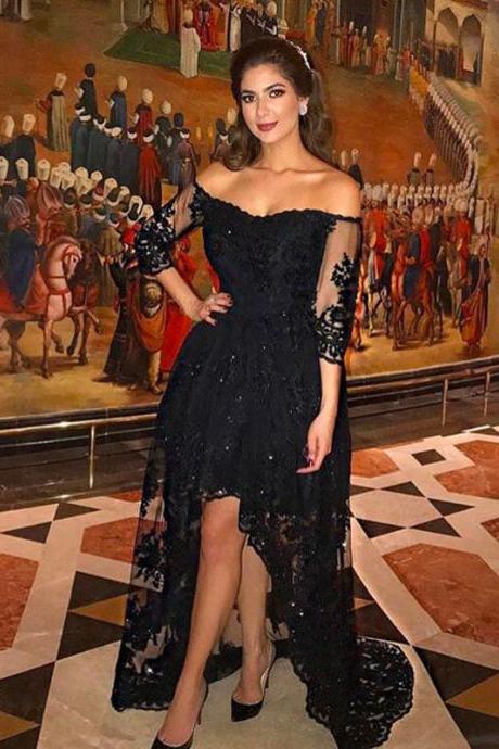 Sexy Black Hight Front Low Back Prom Dresses Off the Shoulder Half Sleeves Beaded Sequined Appliques Party Wear
