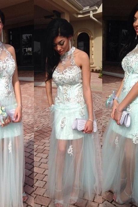  High Neck Prom dress 2017 Mint Appliqued Beaded See Through Tulle Evening Party Gowns