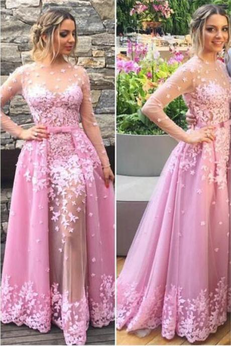 Glamorous Lavender Floral Long Sleeves Prom Party Dress With Appliques Party Dress
