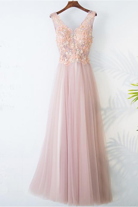 Pink Tulle Long V Neck Customized Appliques Sweet Prom Dress, Sleeves Long Evening Dress