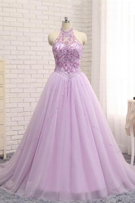 Princess Lavender Tulle Crystal Long Halter Prom Dress, Beading Long Evening Dresses