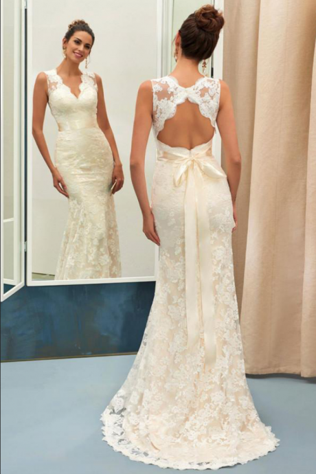 Champagne V Neck Open Back Sleeveless Lace Sheath Wedding Dress With Sash