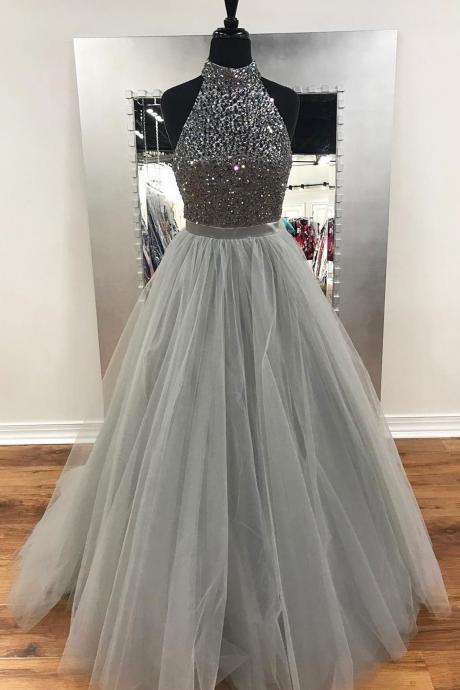 2018 Gray Tulle Long Sliver Sequins Prom Dresses, Long Evening Dress