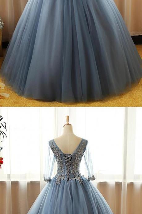 Princess V Neck Long Gray Tulle Formal Prom Gown, Long Lace Applique Evening Dress With Sleevess