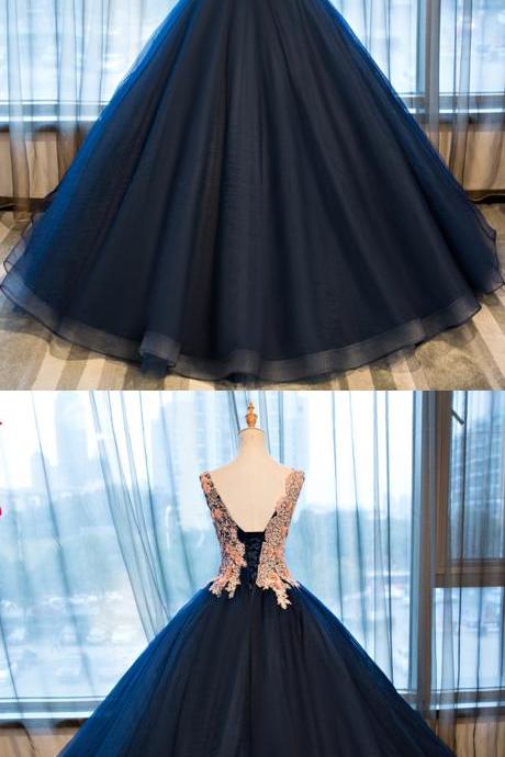  Unique navy blue tulle long V neck customize halter evening dress