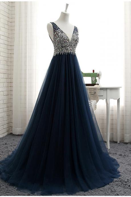 Navy Blue A-line Beading Long Prom Dress,formal Dresses