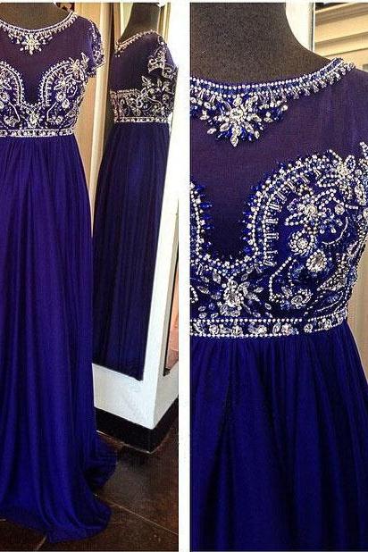  Royal Blue Long Pom Dress,2017 Custom Made Beading Chiffon A-Line Evening Gowns