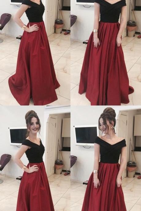  Elegant Off the Shoulder Black Red Long Prom Dresses Evening Dresses