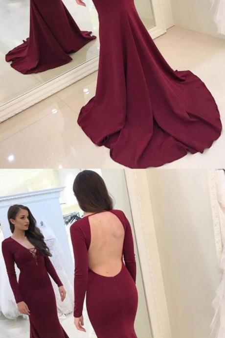 Sexy Mermaid Backless Lace Up Front Burgundy Prom Dresses Evening Dresses with Long Sleeves