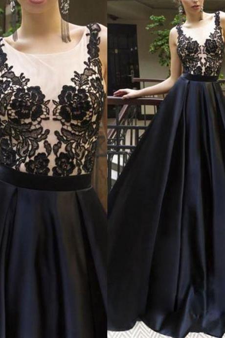Black Round Neck Lace Applique Long Prom Dress, Black Formal Dress