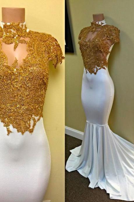 Unique Gold Lace Spandex Mermaid Long Prom Dress, Mermaid Evening Dress